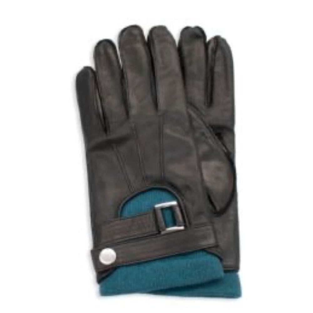 PORTOLANO MENS LEATHER GLOVES BLACK WITH TEAL WOOL/CASHMERE LINING MEDIUM NWOT